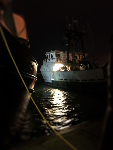 Night time at Yaquina Bay, Newport Oregon. iPhone image by Sabrina Eickhoff. Fishing Boats, harbor, seafood, ocean Dark Boat Aesthetic, Fishing Aesthetic Ocean, Fishing Boat Aesthetic, Maritime Aesthetic, Last Night On Earth, Iphone Image, Tanker Ship, Newport Oregon, Ocean At Night