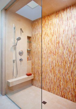 Bathrooms - Contemporary - Bathroom - los angeles - by Mark Nichols Modern Interiors Orange Tile Bathroom, Shower Tile Patterns, Modern Shower Tile, Stone Tile Bathroom, Tile Shower Niche, Patterned Bathroom Tiles, Shower Tile Ideas, Orange Tiles, Contemporary Shower