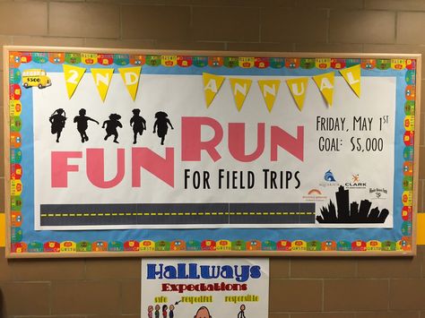 What 5 Teach Me: Fun Run Bulletin Board & Donations Chart PTA Pto Fundraising Ideas School Fundraisers, Apex Fun Run, Fun Run Ideas, Fundraising Ideas School, Pto Fundraising Ideas, Jog A Thon, Pto Bulletin Board, Pta Bulletin Boards, Pta Board