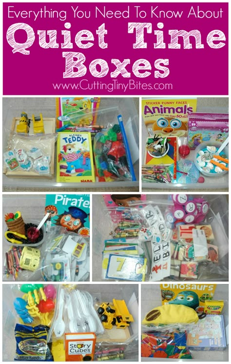 Everything You Need To Know About Quiet Time Boxes.  Why to use them, how to make them, what to put in them, and more! Quiet Bins, Quiet Time Boxes, Quiet Boxes, Busy Bag Ideas, Tiny Bites, Activity Bags, Quiet Time Activities, Home Preschool, Busy Boxes