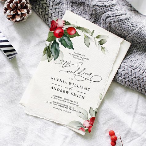 Christmas Greenery Wedding, Christmas Wedding Themes, Modern Wedding Invite, Berry Wedding, Christmas Wedding Invitations, Wedding Watercolor, Invitation Calligraphy, Elegant Wedding Invitation, Hotel Reception