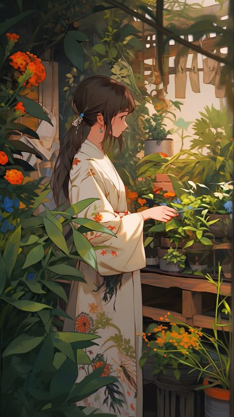 Prompt: yueko, zen, zen garden, girl taking care of plants, soft, harmonizing colors, peaceful, --ar 9:16 --q 2 --niji 5 Anime Gardening, Plants Digital Art, Anime Plants, Taking Care Of Plants, Environment Painting, Aesthetic Wallpaper Iphone, Dreamy Artwork, Digital Portrait Art, Plant Drawing