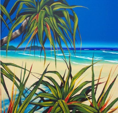 Love the palette Barbados Painting, Barbados Art, Pandanus Tree, Beach Scene Painting, Beach Shore, Beach Art Painting, Palm Tree Art, Leaves Background, Nz Art