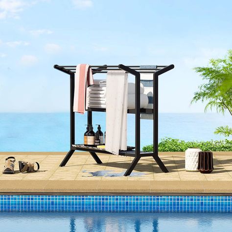 Convenient Towel Storage: Keep your poolside organized with this convenient storage solution for towels. Spacious Hamper: Includes a generous hamper for storing dirty towels, keeping your outdoor area tidy. UV and Fade Resistant: Crafted from high quality steel frame that is UV and fade resistant, ensuring long-lasting beauty. Sturdy Steel Frame: Designed to last, the steel frame provides sturdy support for years of use. Water-Repellent Cover: Features a water-repellent poly cover to protect you Jacuzzi Hot Tub Towel Rack, Poolside Towel Rack, Outdoor Towel Rack, Gazebo Pergola, Towel Racks, Towel Storage, Pool Towel, Outdoor Chaise Lounge, Bistro Set