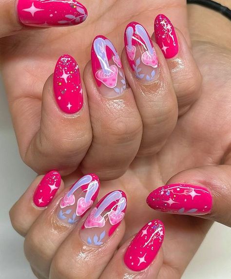 Cute Mushroom Nails, Acrylic Nails Mushroom, Pink Mushroom Nails, Valentines Mushroom Nails, Almond Nails Mushroom Design, Mushroom Acrylic Nails, Shroom Nails Art, Mushrooms Nail Art, Neon Mushroom Nails