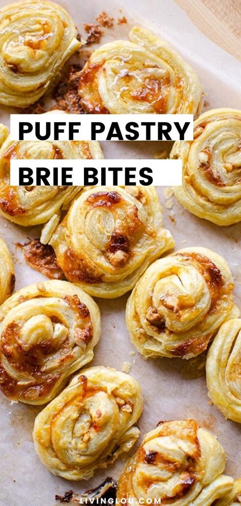 Puff Pastry And Brie Appetizers, Appetizers With Puff Pastry Easy Recipes, Puff Pastry With Brie, Brie Pinwheels, Brie And Puff Pastry, Brie Pastry Puff, Baked Brie Bites In Puff Pastry, Puff Pastry Pinwheels Sweets, Brie And Puff Pastry Recipes