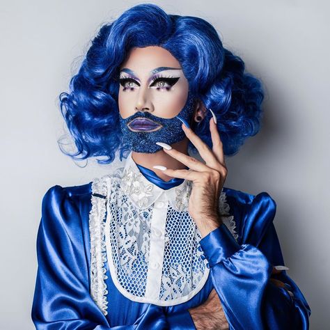 💙 My baby lives in shades of blue . . . 📸 Photo by @alejandrocarvajal1 . . .  #drag #dragqueen #beardeddragqueen #beardedlady #makeup #mua… Drag King Makeup, Beard Makeup, Drag Kings, Glitter Beards, Drag Wigs, Drag Make-up, Drag Queen Makeup, Drag King, Blue Valentine