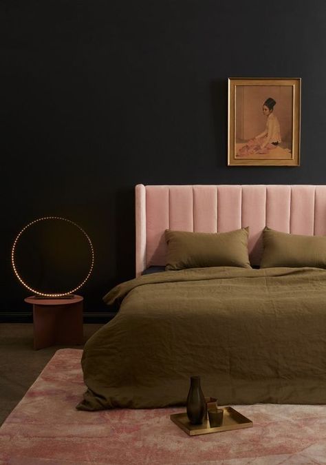 Moody dramatic bedroom | Black walls and dark green bed linen | pale pink velvet headboard | Update your IKEA bed with a velvet Bemz cover | Nail the velvet trend with Bemz Mid Century Bedroom, Velvet Furniture, Mid Century Modern Bedroom, Velvet Headboard, Dark Walls, Romantic Bedroom, Dark Interiors, Black Walls, Luxurious Bedrooms