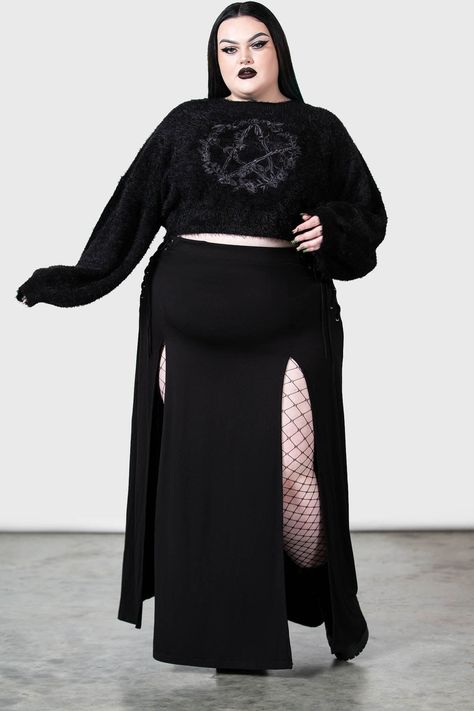 WINTER SPIRIT.- Soft, stretch super fluffy knit.- Statement, black-on-black custom embroidered design.- Long, cuffed sleeves.- Cropped.- Crew neckline.- Fitted.Model is 5ft 8 and wears a size 4XL.With KILLSTAR branding, 100% Polyester. Cozy Gothic Outfits, Pastel Goth Plus Size, Witchy Fall Outfits Plus Size, All Black Plus Size Outfit, Plus Size Gothic Fashion, Curvy Goth Outfit, Plus Sized Alternative Fashion, Chubby Goth Outfit, Plus Size Goth Outfits