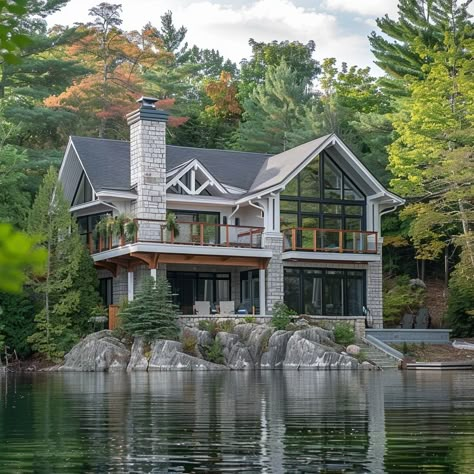 Image Southern Lake House, Fancy Lake House, Houses On The Water, Lake Side House, Lake Mansion, Lake Homes Exterior, House Overlooking Lake, 3 Story Lake House, Lake Houses Exterior Big Windows