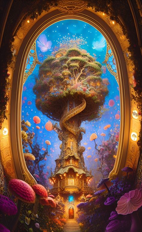 Mushroom Treehouse, Fantasy Tree House Concept Art, Fantasy Mushroom House, Fantasy Treehouse Interior Art, Giant Tree Forest Fantasy Art, Giant Tree House Fantasy Art, Tree Interior, Tree Art, Tree House