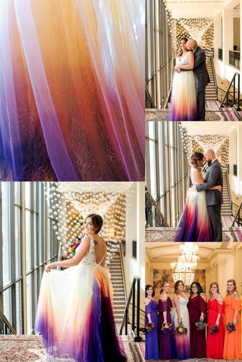 Professional gown dip dye by Renegade Dye Lab Brides are wearing bridal gowns with color more in 2020 than ever before! Which colors will we add to your wedding dress? This vivid palette echoes the rich tones of a night sky in the magical moments after sunset. Sunset Ombre Wedding Dress, How To Dye Wedding Dress, Multi Colored Wedding Dresses, Dark Colored Wedding Dresses, Sunset Theme Wedding, Non Traditional Wedding Dress Colors, Ombré Wedding Dress, Sunset Colored Wedding, Different Color Wedding Dresses