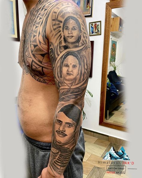 Family Portrait Tattoo, Portrait Tattoos, Full Sleeve Tattoo, Sleeve Tattoo, Family Portrait, Full Sleeve, Family Portraits, Sleeve Tattoos, Portrait Tattoo