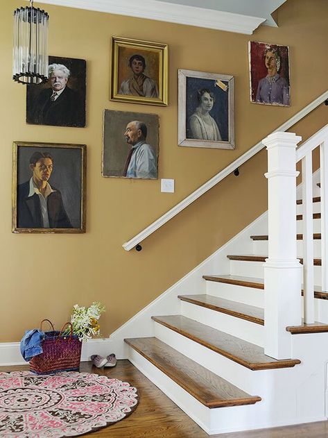 Entryway Wall Color, Quirky Cottage, Yellow Hallway, Gold Entryway, Entryway Colors, Gold Paint Colors, Gold Painted Walls, Cottage Hallway, Cottage Design Ideas