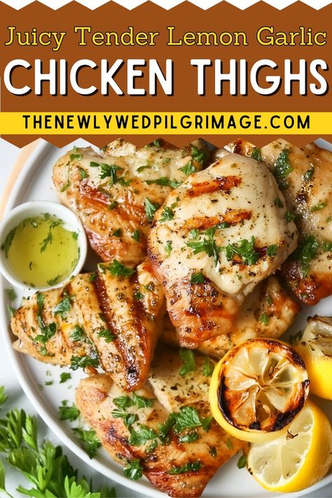 Juicy Tender Lemon Garlic Chicken Thighs - The Newlywed Lemon Garlic Chicken Thighs, Lemon Chicken Thighs, Garlic Chicken Thighs, Chinese Chicken Salad Recipe, Cacciatore Recipes, Sweet Potato Recipes Baked, Chicken Cacciatore Recipe, Chicken Meatball Recipes, Lemon Butter Chicken