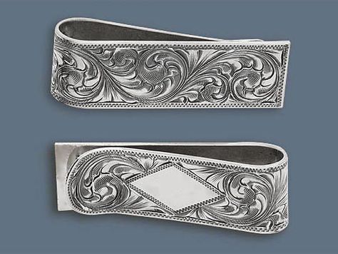 folded sterling money clip by Clint Orms Ingram, TX Sterling Money, Engraved Money Clip, Silver Money Clip, Ornament Drawing, Country Jewelry, Western Buckles, Bullet Jewelry, Cowgirl Jewelry, Money Clips