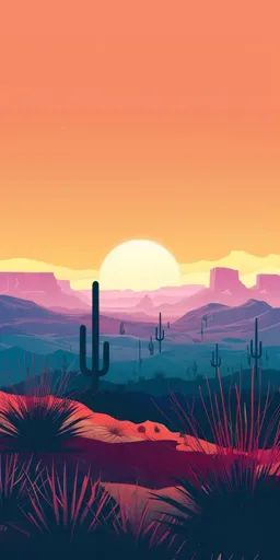 ↑↑↑ Larger size on website 🔸 The image depicts a desert landscape with a large, bright sun in the background. The foreground is f 🔸 From Midjourney AI Image Spiky Plants, Foreground Background, Painting Stuff, Orange Glow, Bright Sun, Orange Sunset, Coloring Ideas, Sunset Background, Desert Sunset