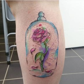 Beauty and the Beast watercolour rose. Glass Dome Tattoo, Beauty And The Beast Rose Tattoo, Bushido Tattoo, Rose In Glass Dome, Beauty And The Beast Tattoo, Catrina Tattoo, Fantasy Figures, Disney Tattoo, Home Tattoo