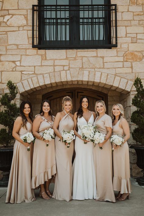 Wedding All White, Champagne Wedding Themes, Neutral Bridesmaids, Beige Bridesmaids, Champagne Wedding Colors, Taupe Wedding, Spring Bridesmaid Dresses, Neutral Bridesmaid Dresses, White Wedding Theme