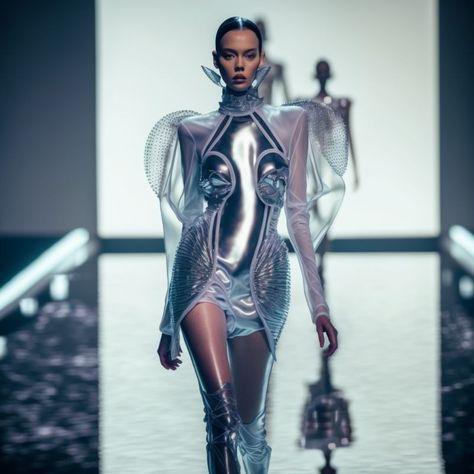 Futuristic Runway Fashion, Futurism Outfit, Technology Outfit, Futuristic Aesthetic Future Fashion, Space Fashion Futuristic, Dystopia Outfit, Funky Fashion Outfits, Scifi Costume, Futuristic Fashion Women