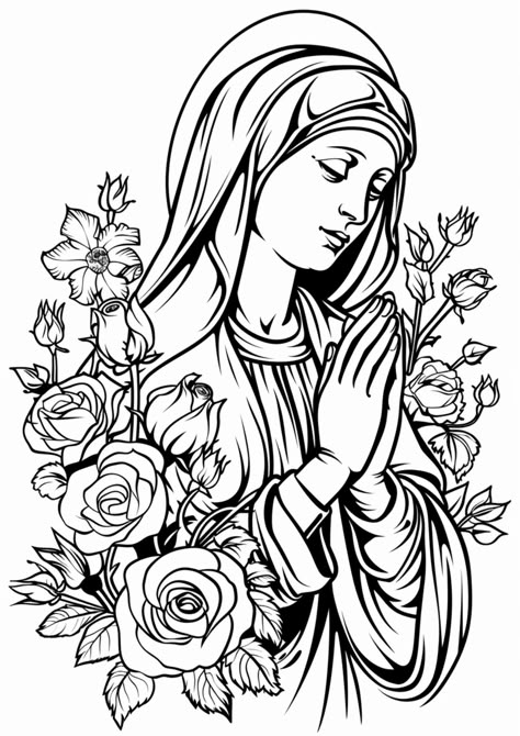 Virgin Mary Coloring Page, Virgin Mary Images, Saint Drawing, Catholic Coloring Pages, Mother Mary Pictures, Virgin Mary Tattoo, Jesus Coloring Pages, Bruce Lee Art, Mary Tattoo