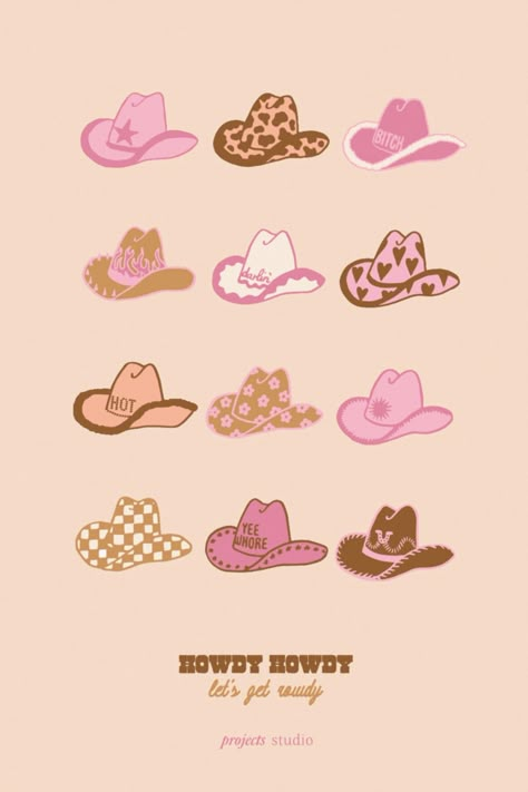 Howdy Howdy lets get rowdy wall art print poster features a light brown background with 12 different cowboy hats that features different and fun patterns. Including words like hot, darlin' and patterns such as check print, flower prints, heart prints, fluffy fun cowboy hats and they are all in brown and print to show the western style. There is western font and font that looks like rope that reads Howdy Howdy lets get rowdy, with the projects studio logo underneath! Western Brand Wallpaper, Vintage Western Graphics, Howdy Aesthetic, Cowboy Hat Illustration, Cowboy Hat Art, Western Graphic Design, Cowboy Hat Wall, Cowboy Hat Drawing, Cowboy Hat Print