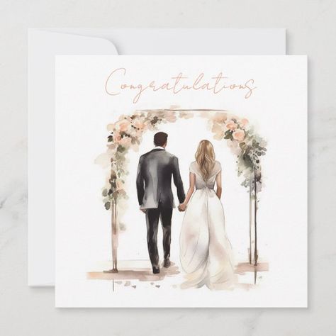 Watercolor Bride and Groom Congratulations Card Wedding Illustration Card, Christmas Bride, Simple Bride, Wedding Congratulations Card, Wedding Painting, Wedding Cards Handmade, Wedding Congratulations, Wedding Illustration, Wedding Engagement Gifts