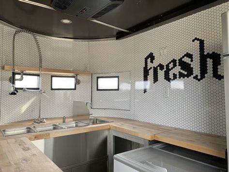 Food Truck Interior Design Ideas, Caravan Food Truck Interior, Cargo Trailer Conversion Food Truck, Food Trailer Design Interior, Coffee Trailer For Sale, Interior Coffee Trailer, Drink Trailer Interior, Food Truck Design Interior Kitchens, Beverage Trailer Interior