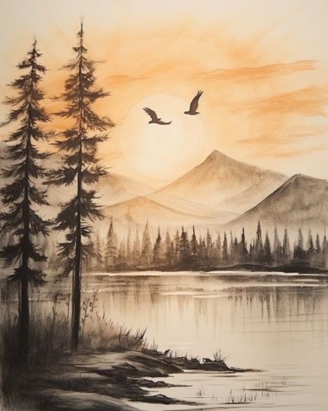 Vintage Pencil Drawn Art Landscape Perfect gift for any occasion_ Serene mountain landscape at sunset with birds flying over a tranquil lake and tall pines in the foreground. | Sky Rye Design Landscapes To Draw Pictures, Drawing Landscape Ideas, Pencil Sketches Landscape, Pine Tree Drawing, Vintage Landscape Art, Landscape Pencil Drawings, Vintage Pencil, Art Sketches Pencil, Wood Painting Art