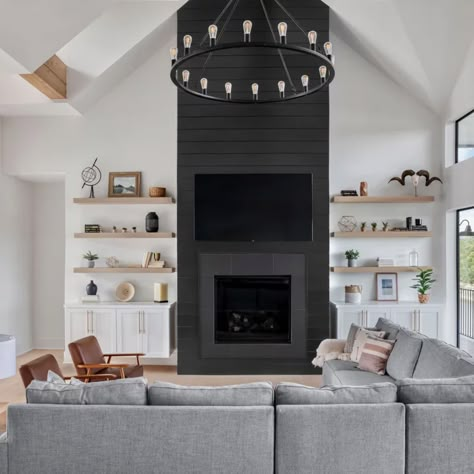 Black Tile Fireplace Wall With Tv, Tall Fireplace Built Ins, Black Fireplace In Living Room, Modern Farmhouse Shiplap Fireplace, Shiplap 2 Story Fireplace, Tall Black Fireplace Living Room, Black Shiplap Wall Tv, Shiplap Fireplace Tall Wall, Farmhouse Modern Fireplace Ideas