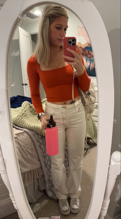 Burnt Orange Long Sleeve Shirt Outfit, Burnt Orange Shirt Outfit, Burnt Orange Top Outfit, Orange Long Sleeve Outfit, Long Sleeve Cropped Top Outfits, Orange Shirt Outfit, Long Sleeve Shirt Outfits, Orange Long Sleeve Shirt, Full Sleeve Top