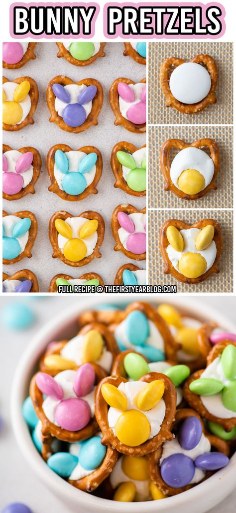 Bunny Pretzels pin with overlay text Easy Easter Sweet Treats, Easter Food To Make With Kids, Pretzel Chicks And Bunnies, Pretzel Easter Bunny, Pretzel Bunny Treats, Bunny Desserts For Easter, Cute Easter Baking Ideas, Easter Bunny Dessert Ideas, Easter Desserts With Pretzels