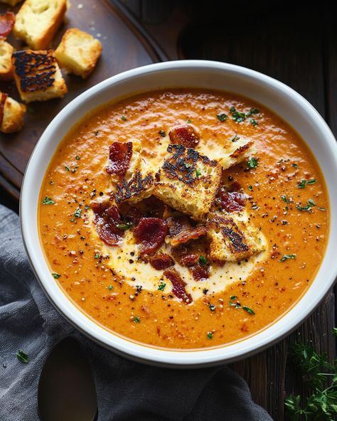 Tomato Soup Grilled Cheese Croutons, Gourmet Tomato Soup, Grilled Cheese And Tomato Soup Recipe, Blended Soup Recipes, Creamy Tomato Bisque, Gourmet Chili, Crispy Grilled Cheese, Soup With Grilled Cheese, Tomato Soup Grilled Cheese