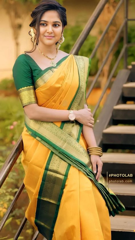 Yellow Silk Saree, Athulya Ravi, Ceremony Outfit, Haldi Ceremony Outfit, Bridal Lehenga Designs, Latest Model Blouse Designs, Saree Poses, Green Border, Saree Designs Party Wear