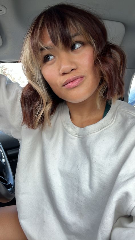 Hair stylist - Elise Frederick at Unorthodox Salon Shoulder length bob Bangs Color blocking Color Block Bob Hair, Color Blocking Short Hair, Color Block Short Hair, Fall 2023 Hair, Bangs Color, Bob Bangs, Color Block Hair, 2023 Hair, Shoulder Length Bob