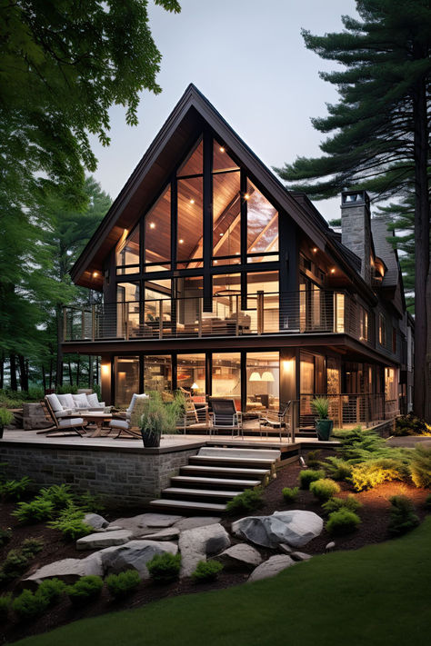 #modern, #moderncottage, #moderncottagehouse, #cottagedsedign Modern Cottage Home Design, Modern Cabin House Exterior, Modern Log Cabin Homes, Modern Chalet Exterior, Modern Mountain Home Exterior Architecture, Modern Cabin Exterior Architecture, Modern House In The Woods Floor Plan, Modern Lodge Style Home Exterior, Modern Lake House Exterior