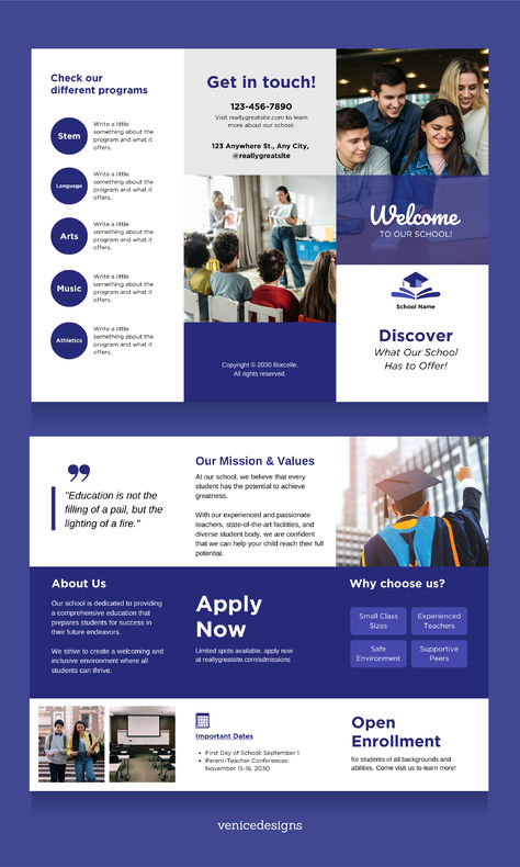 Blue and White School Brochure Brochure Design Education, Brochure Design For School, Brochure Education, School Brochure Design, Higher Education Design, College Brochure, Beauty Brochures, School Prospectus, Education Brochures