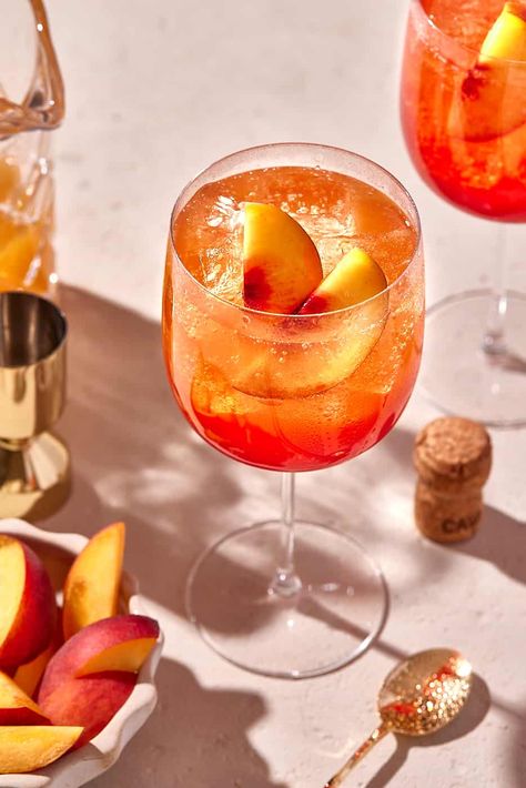 Peach Aperol Spritz, Peach Spritz, Watermelon Kombucha, Erin Lives Whole, Spritz Recipe, Peach Nectar, Watermelon Margarita, Feels Like Summer, Easy Drink Recipes