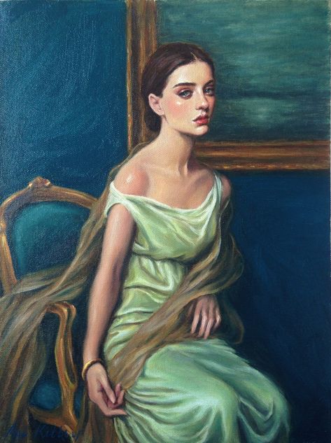 Oil Painting Woman, Figurative Kunst, Portrait Of Woman, Oil Portrait, Oil Painting Portrait, Arte Inspo, Romantic Art, Photo Canvas, Blue And Gold