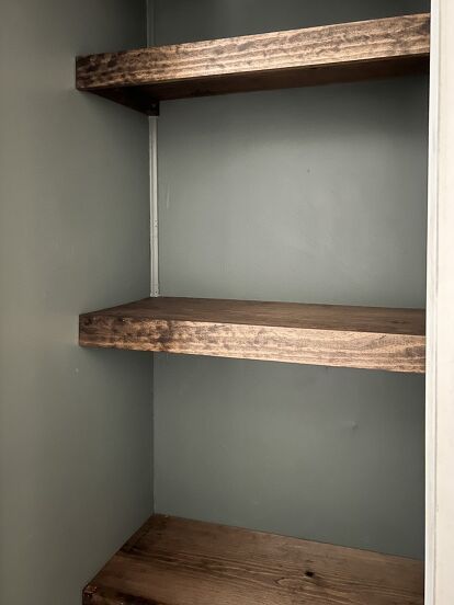 Easy Diy Shelves, Hall Closet Makeover, Easy Shelves, Split Entry, Built In Buffet, Raised Ranch, House Repair, Grey Shelves, Room Bookshelf