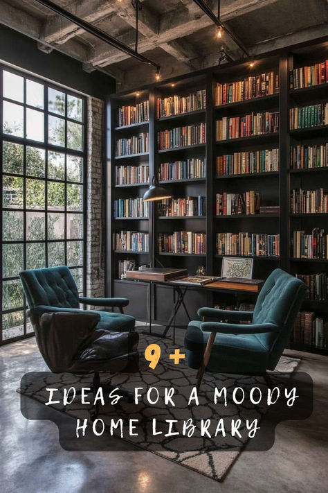 Library Sitting Room Cozy, Small Home Library Office Study, Moody Home Library Office, Library Lounge Room, Home Den Ideas, Library With Bar, Home Office Library Design, Moody Study Room, Dark Library Room