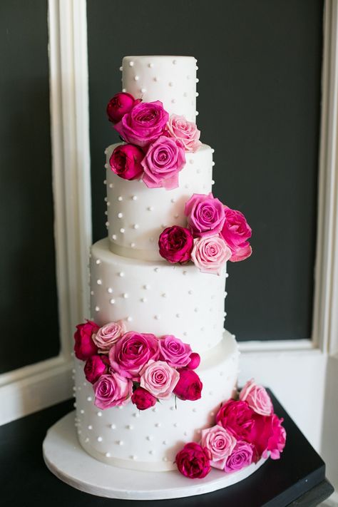 White Cake With Pink Roses, Bright Pink Wedding Cake, Pink White Gold Wedding Cake, Girly Wedding Cake, White Wedding Cake With Pink Roses, Wedding Cakes With Pink Flowers, Fuchsia Wedding Cake, Bright Wedding Cakes, Fuschia Wedding Cake