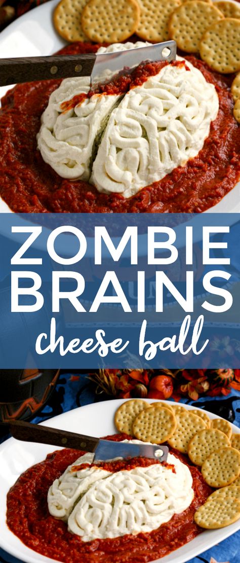 Brains Halloween Food, Brain Appetizer Halloween, Halloween Appetizers Cheese Ball, Spooky Season Appetizers, Gross Halloween Party Food, Brain Mold Cheese Ball, Zombie Appetizers, Creepy Halloween Dishes, Skull Cheeseball Recipe