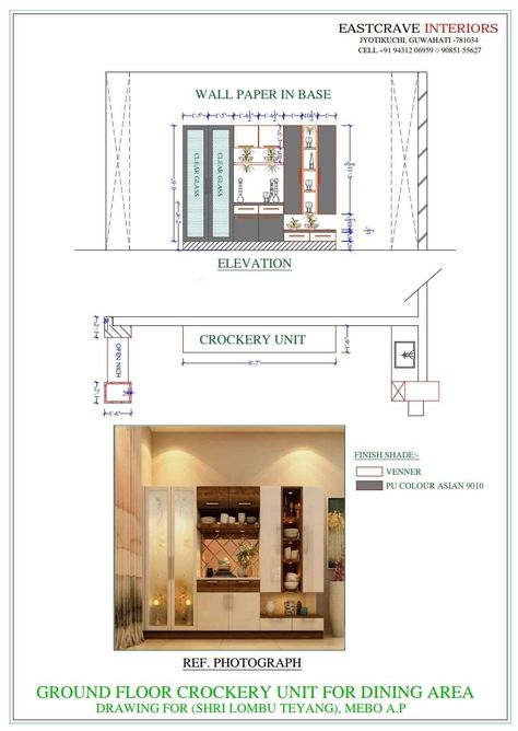 Crockery Unit Dimensions, Furniture Details Drawing, Crockery Unit Design, Luxury Ceiling Design, Crockery Design, Dental Office Design Interiors, Interior Design Layout, Crockery Unit, Interior Architecture Drawing