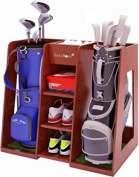 SuniBoxi Golf Bag Organizer, Premium Wooden Golf Storage Rack, Stylish Heavy-Duty Golf Club Storage Rack for Garage, Indoor Spaces, Basements, and More(Double-Dark Brown), Golf Club Bag Accessories - Amazon Canada Golf Bag Storage, Golf Storage, Bag Rack, Baskets For Men, Wooden Storage Cabinet, Golf Gifts For Men, Metal Storage Cabinets, Garage Shed, Storage Bags Organization