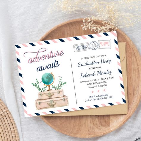 Travel Retirement Party Ideas, Fun Sleepover Games, Bon Voyage Party, Map Invitation, Vintage Travel Themes, Vintage Graduation, Cool Stationery, Navy And Blush, Pink Invitation