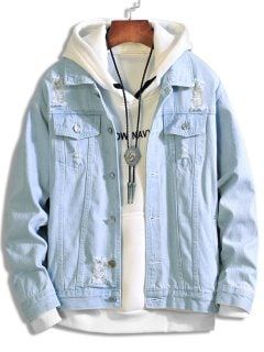 Solid Color Ripped Decorated Denim Jacket - Light Blue L Denim Jacket Diy, Male Cowboy, Cowboy Coat, Light Blue Jean Jacket, Vintage Man, Blue Jean Jacket, Jackets Men Fashion, Jeans Jacket, Vintage Denim Jacket