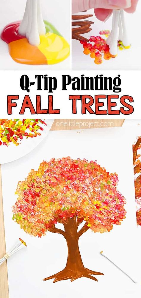 Q-Tip Fall Tree Painting | Easy Tree Painting with Cotton Swabs Kindergarten Fall Painting Ideas, Q Tip Fall Tree Painting, Fall Crafts For Seniors Easy, November Crafts For Adults Easy Diy, Fall Qtip Painting, Fall Tree Painting For Kids, Q Tip Art For Kids, Qtip Crafts For Kids, Fall Art For Kids Elementary