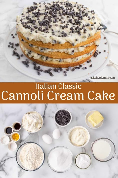 This cannoli cake is heaven on a plate! Three layers of moist, tender yellow cake stuffed with delicious homemade cannoli cream. With only 30 minutes of prep time, this is the perfect dessert recipe! Not too sweet and perfect any time of the year, and perfect for Valentine's Day! Layered Cannoli Cake, Cannoli Layer Cake, Cannoli Cake Filling Recipe, Canolli Cake Recipe, Cannoli Filling For Cake, Cannoli Cream Cake, Cannoli Cake Filling, Cannoli Dessert Ideas, Cannoli Cake Recipe Easy