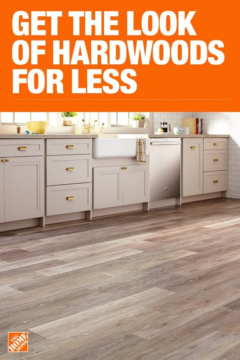 Kitchen Ideas Laminate Counter Tops, Kitchen Floor Colors, Vinyl Floor Colors, Laminate Kitchen Floor, Greige Flooring, Farmhouse Kitchen Flooring Ideas, Quick Home Improvements, Vinyl Wood, Vinyl Floors